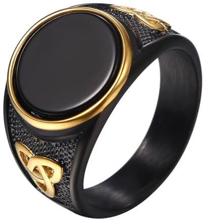 Flonge Men's Black Onyx Ring: Viking Round Agate Signet Ring Norse Celtic Knot Ring Fashion Jewelry Gift for Men Size 8-12