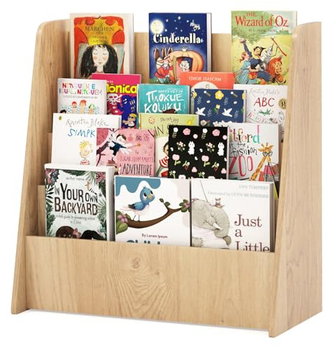 GYMAX Libreria per Bambini in Legno a 4 Ripiani, Scaffale per Libri con Ripiani Profondi, Espositore per Libri, per Cameretta dei Ragazzi, Soggiorno, Asilo Nido, 57,5 x 26,5 x 59 cm (Naturale)