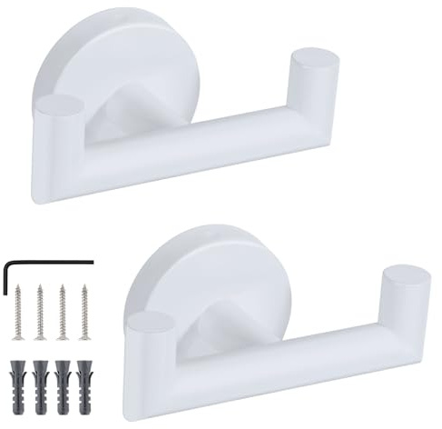 Segus Patere Salle de Bain, 2 Pièces Crochet Mural Blanc, Crochet Torchon Cuisine avec Vis, Acier Inoxydable, Patere Mural pour Clés, Parapluies, Vêtements