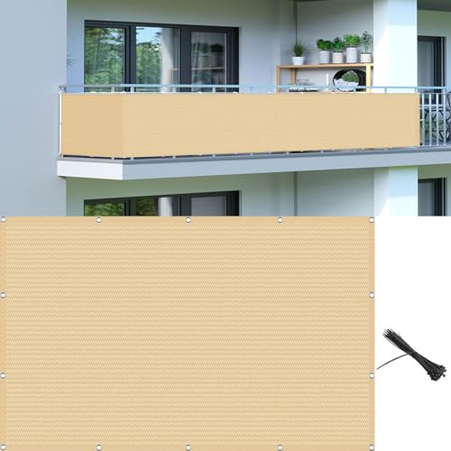 Pantalla Privacidad Balcón 50 x 500 cm Solar y contra El Viento, Transpirable Pantalla HDPE para Balcón Jardín con Ataduras de Cables y Cuerda, para Jardín, Amarillo Arena