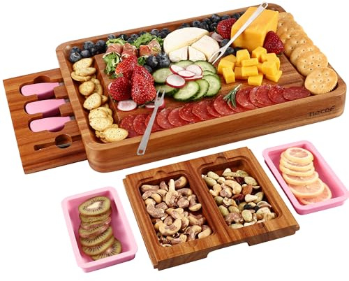 hecef Cheese Board and Knife Set with Acacia Wood Serving Platter, Snack Trays, Charcuterie Board for Entertaining, Housewarming Gift & Wine Nights, Pink