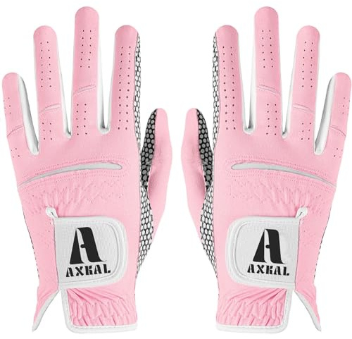 AXKAL Lot de 2 gants de golf pour femme avec prise en main améliorée et confortable, main droite, gants de golf légers et respirants toutes saisons, violet rose, tailles S, M, M, L, XL (rose, S