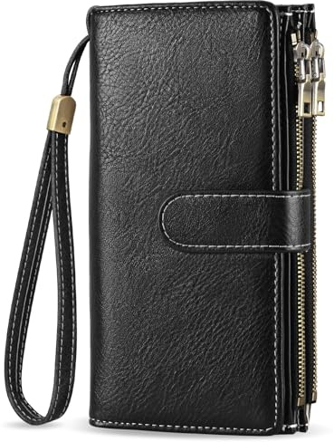 VOBUKE Portefeuille Femme Grand Format Porte Monnaie PU Cuir Vintage Porte Feuille pour Femme RFID Blocage Portefeuilles Grande Capacité Zippé Porte-Cartes pour 16 Cartes et Détachable Bracelet