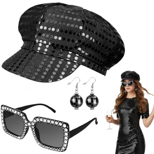 EYWILYWI 3 Set de Costume Disco des années 70,Chapeau à Paillettes, Lunettes Scintillantes, Boucles d'Oreilles, Accessoires Retro Abba pour femme, Parfait pour fêtes à thème (noir)