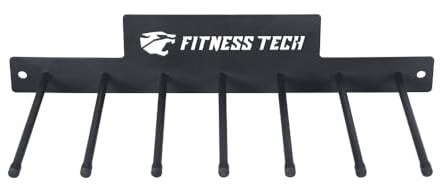 Soporte Metálico para Esterillas y Bandas Elásticas Fitness Tech | Organizador de Gimnasio con 7 Ganchos, Rack de Pared para Esterillas, Diseño Profesional en Metal Negro Mate