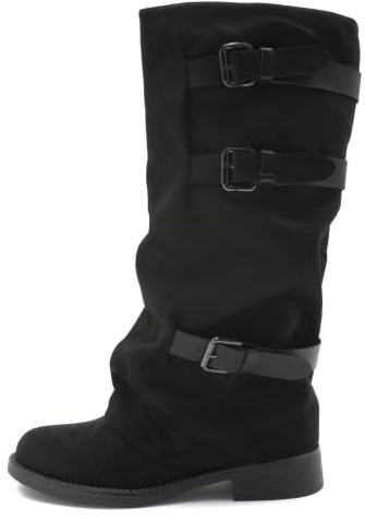 MISSCAI Bottes Biker Femme Mi-Mollet à Boucles Talon Bas 3 cm | Bottines motardes santiags noires à tige souple de 34 cm, trois brides à boucles, bout rond et talon bas