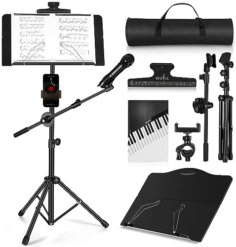 Music Stand, Vangoa Folding Sheet Music Stand with Detachable Microphone Stand & Phone Holder, Portable Lightweight with Music Sheet Clip Holder & Carrying Bag for Instrumental Performance