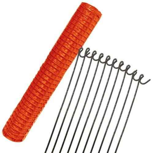 Suregreen Barrier Fencing Mesh + 10 Steel Fencing Pins | 1m x 50m | Orange | 80g/m² | 4kg | Extra Light Duty, High Density, Reusable, Recycled Plastic, Temporary Barrier Fencing