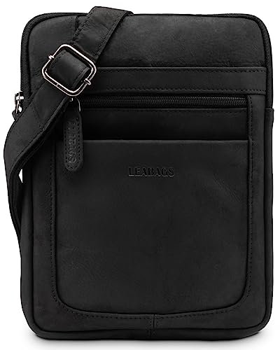 LEABAGS Leder Umhängetasche Herren & Damen I Messenger Bag mit Schultergurt I Schultertasche I Arbeitstasche I Tragetasche I Handtasche I Echtleder Tasche I Nature Schwarz