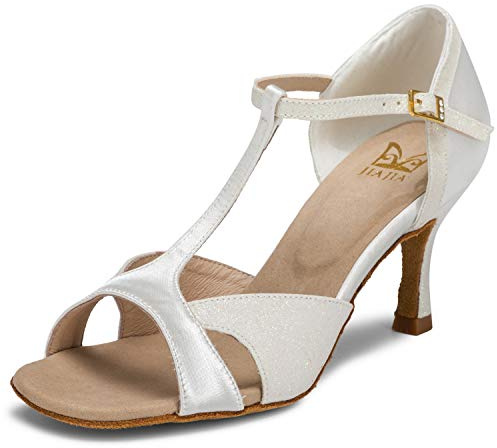 JIAJIA 2055 Sandalias Mujer Tacón Acampanado Súper Satén Con Brillo Brillante Zapatos De Danza Latina, beige, 41 EU