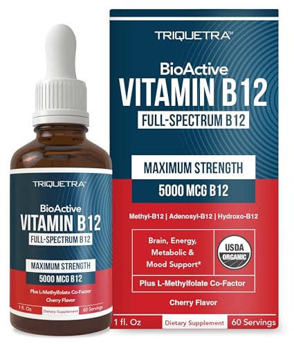 BioActive Vitamin B12 5000 mcg | 3 BioActive Forms Plus Methylfolate Cofactor - Methylcobalamin, Adenosyl & Hydroxy | Sublingual Liquid Drops, Berry Flavor, Organic, Non-GMO, Vegan (1 oz)