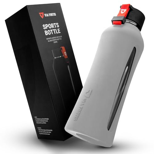 VIA FORTIS® Glasflasche mit hochwertiger Silikonhülle - Trinkflasche für Sport, Fitness, Gym, Fahrrad & Büro - Bruchsicher & BPA-frei - 550ml (04 - Stone Grey - Grau)