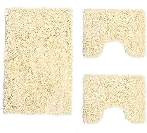 Poligono Juego de Alfombrillas de baño 3 Piezas de Microfibra, Alfombra de Pelo Largo 50 x 80 cm, 2 Alfombrillas para Inodoro y al Agua, Forma Rectangular, 40 x 50 cm, Suave, Antideslizante, Beige