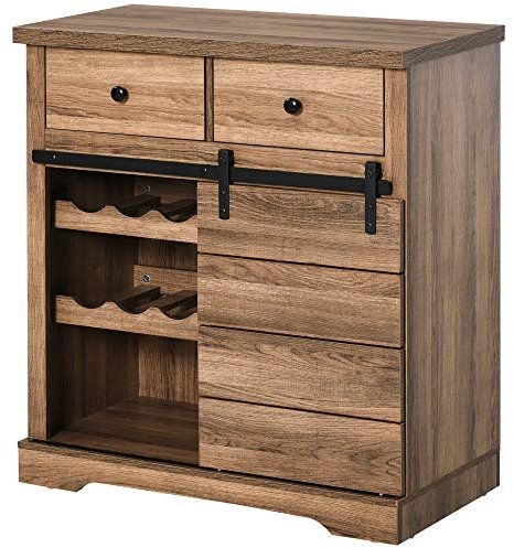 HOMCOM Armario de Cocina Rústico con 2 Cajones, Estantes Abiertos y Botelleros, Aparador Buffet de Madera y Metal, 80x39x86 cm, Color Madera