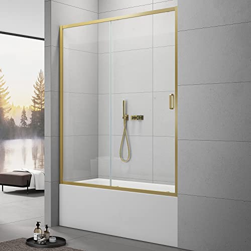 Sunrosa Framed Tub Shower Door 59 x 60, Single Sliding Bathtub Glass Door with 1/4 Inch (6mm) Clear Tempered Glass in Brushed Gold, Tub Door for Bathroom