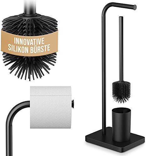 Abrush Stand WC Garnitur mit Klobürste Silikon [99% weniger Bakterien] Toilettenpapierhalter stehend mit Silikonbürste - Perfektes WC Set - Klopapierhalter Toilettenbürste Silikon Klobürste schwarz