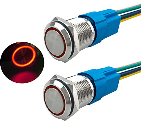 Aiqeer 2 Pezzi 16 mm Interruttore a Pulsante Momentaneo, 12V / 24V 5A Interruttore di Accensione per Auto, Interruttore a Pulsante in Metallo con Presa Precablata (LED Rosso)