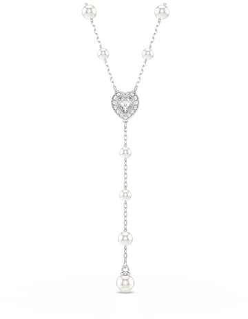 Swarovski x Ariana Grande Collar en Y, Cadena Adornada Crystal Pearls, en el Centro se Incorpora un Motivo en Forma de Corazón, Tallas mixtas, Baño de Rodio, Blanco
