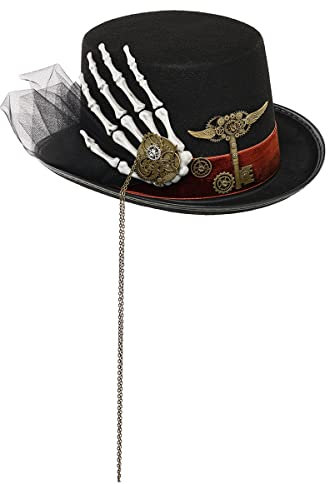 Unisex Viktorianisch Steampunk Zylinderhut Gotisch Punk Halloween Kostüm Hut für Damen Herren (58cm/22.8 Inches, Schwarz)