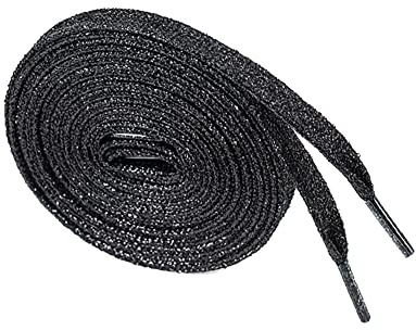 Egurs Glitterskosnören, 1 par, 110 cm, färgglada metalliska platta skosnören, slitstarka, bling, skoband, skosnören för sneakers, sportskor, löparskor, sneakers, 16 färger som tillval svart