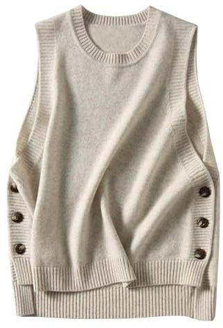 HangNiFang Women's Round Neck Sleeveless Pullover Ribbed Knit Sweater Vest Top (0199-BeigeX1-L)