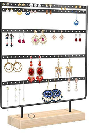 BoloShine Organizador de Joyas, Soporte de Joyería Expositor de Pendientes de Metal con Base de Madera, Organizador de Joyas Soporte de Exhibición de Joyería para Collares Brazaletes (Negro)