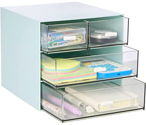 Umtiti Organiseur de bureau, boîte de rangement pour maquillage avec 4 tiroirs, en plastique, fournitures de bureau, organisateur de bureau pour bureau, école, maison et salle de bain (Bleu)