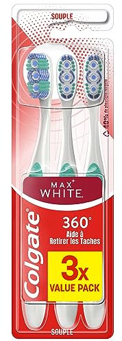 COLGATE - Cepillo de dientes Colgate 360 Max White - Cepillo de dientes blancura, láminas blanqueadoras para eliminar manchas de la superficie - listón pulido para eliminar la placa dental - Lote de 3