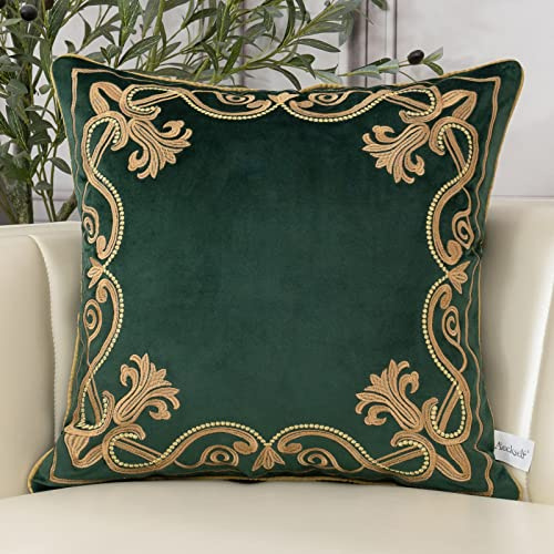 Aeckself Housse de Coussin Florale européenne décorative et raffinée, brodée en Velours, pour canapé, Chambre à Coucher, Salon, 51 x 51 cm, Vert émeraude foncé et doré