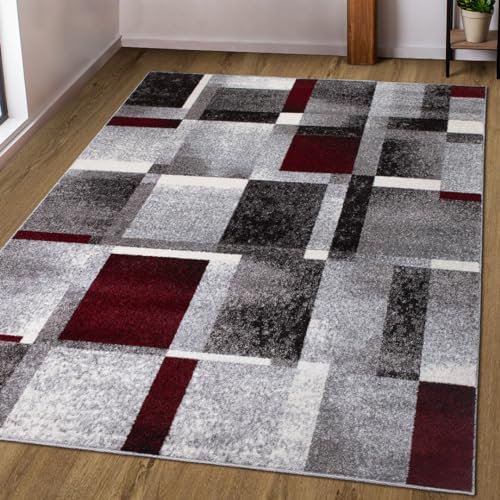 oKu-Tex Teppich Wohnzimmerteppich [120x170 cm] weicher Kurzflor grau rot kariert - Grauer Teppich für das Wohnzimmer - Carpet Living Room - geometrisches Patchwork Design - Deutsche Marke
