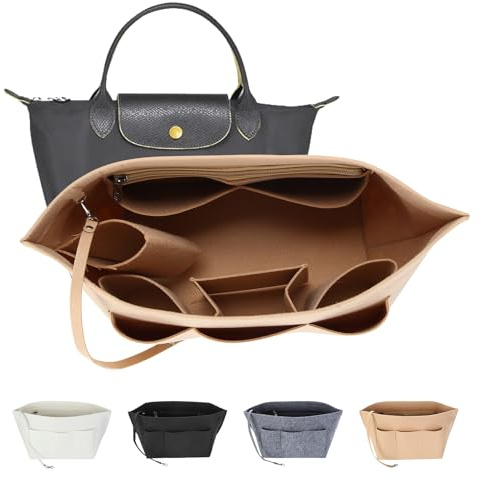 LITLANDSTAR Khaki Multi-Pocket Handbag Organiser Insert, Felt Purse Organiser with Zipper Bag and Key Chain