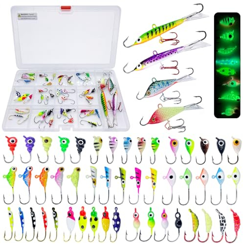 Bombite 52Pcs Ice Fishing Lures Ice Fishing Jigs Kit Glowing Paint Ice Fishing Jig Heads for Crappie Trout Perch Walleye Ice Fishing Gear