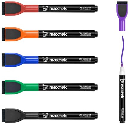 maxtek Feutre Tableau Blanc Effacable, 6 Magnétique Feutre Ardoise Effacable à Pointe Fine, Marqueur Tableau Blanc Effacable Faible Odeur Stylo Avec Gomme(6 Couleurs)