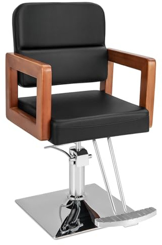 COSTWAY Frisörstol, höjdjusterbar, barberfåtölj kan belastas upp till 150 kg, salongstol med 360° rotation, hydraulisk pump, spa, frisörfåtölj med träarmstöd
