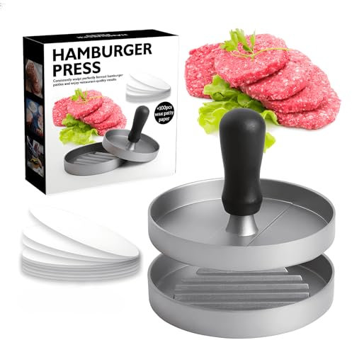 SUBEEN Burger Press, Moule à Burger en Aluminium antiadhésif+100 Feuilles de Papier sulfurisé pour ustensiles de Cuisine pour Faire de délicieux Burgers, galettes et barbecues