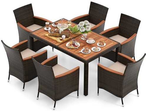 GIANTEX Rattan Gartenmöbel Set, Sitzgruppe Garten Lounge 6 Stühle mit Tisch, Rattan Lounge Möbel Outdoor, Terrassenmöbel Balkonmöbel Set für 6 Personen, Gartengarnitur Sitzgarnitur Garten Essgruppe