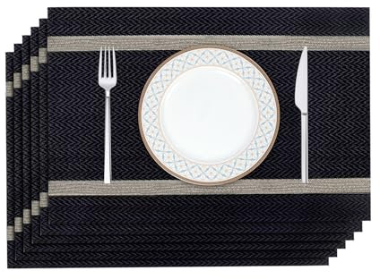 fanquare 6er Set Platzsets PVC Tischsets Schwarz - Abwaschbar, Hitzebeständig, rutschfest, 45x30cm mit Gold Rand, Platz-Matten für Küche und Esszimmer
