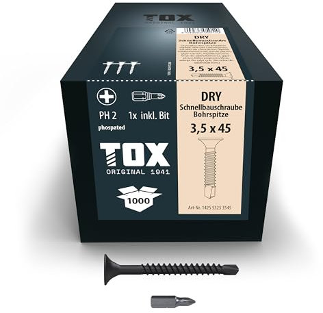 TOX Tornillos para tabiquería seca DRY BS 3,5 x 45 mm con punta de broca, magazinados para instalación con atornillador de cargador, 1000 piezas en una caja, 142553253545