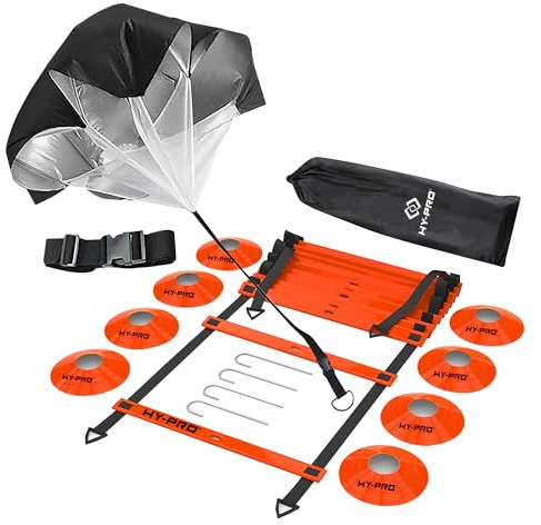 Hy-Pro Agility Training Set – Resistance Parachute, Adjustable Agility Ladder, 8 Cones, Carry Bag, Training Equipment, Great For Improving Fitness & Speed, Football Training, Sports Training