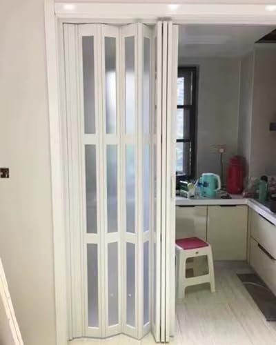 Puerta de acordeón con herrajes para asa, panel acrílico esmerilado, puerta corredera para puerta, interior de puerta de concertina, marco de aluminio plegable