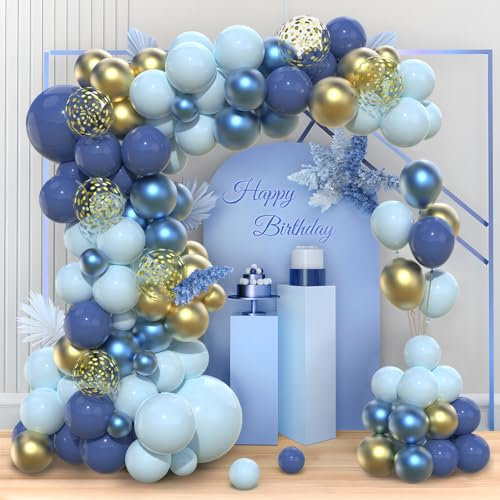 Wayfun Lot de 97 ballons d'anniversaire bleus et dorés avec confettis - Bleu marine - Pour décoration d'anniversaire homme et garçon, fête prénatale, mariage, baptême