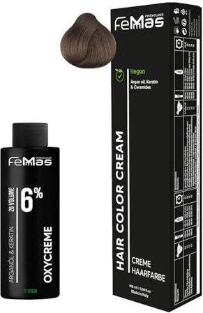 Set de coloración capilar FemMas, rubio dorado medio 7.3 | Crema para el color del cabello 100 ml + Oxycrema 100 ml 6% | Coloración capilar permanente + revelador | Suave y duradero | Coloración