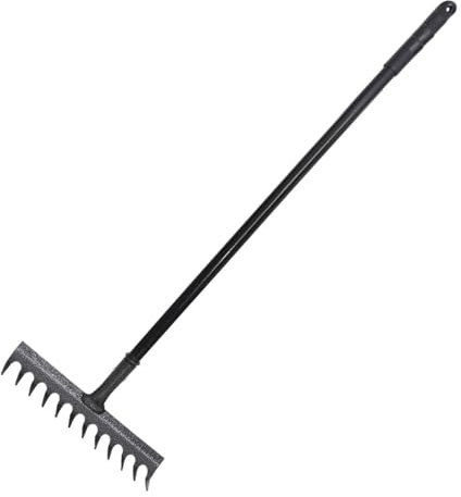 FLORVO Heavy Duty Garden Rake – 12-Tine Carbon Steel Head, Black Finish, Long Handle – Soil Leveling, Gravel, Lawn & Leaf Rake for Gardening, Landscaping & Loosening