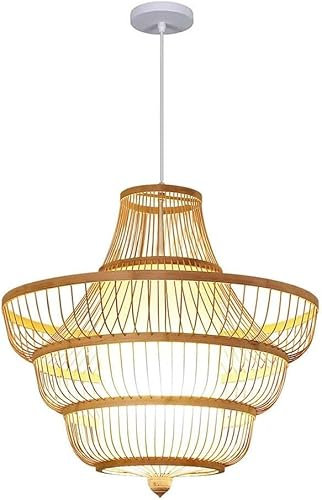 Confezione da 1 lampada a sospensione in stile tropicale, paralume cavo, beige con lampadari a cesto di bambù in pergamena, base E27, lampade da soffitto regolabili Compatible with corridoio
