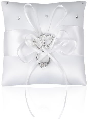 Matwsec Cuscino per fedi nuziali, 14 x 14 cm, con fiocco, per feste di fidanzamento o cerimonie di nozze