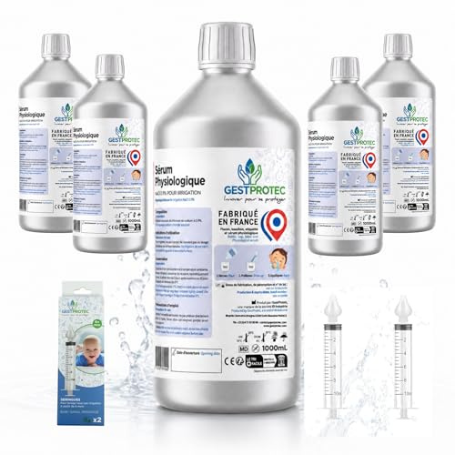 0,9 % fysiologiskt serum NaCl Gestprotec | 1 liter x 5 flaska med nässpruta x2 | Isotonisk saltlösning renat vatten | Extern nästvätt och bevattning | Fransk Labo spårbarhetsgaranti