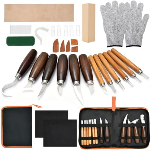 Kit de Sculpture sur Bois 30 Pièces pour Débutants et Professionnels | 12 Couteaux à Bois en Acier au Chrome-Vanadium avec Manche en Noyer, Gants Résistants aux Coupures, Pierre à Aiguiser