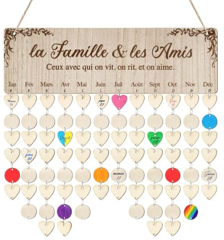 DOORIO Calendrier d'Anniversaire en Bois Plaque de Rappel Calendrier | 100pcs pendentif Coeur Rond, Personnalisé, Murale ,Suspendu Décoration,DIY ,pour Maison Fête Anniversaire