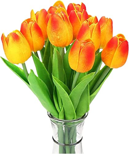 huaao 12pcs Tulipes artificielles en Latex Bouquet Fleurs Artificielles Toucher réel Bouquets à Faire soi-même, fête de Table de Mariage, Décoration Bureau, Arrangements Floraux, Sunset Gold