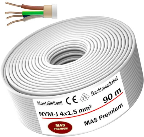 MAS-Premium Feuchtraumkabel Stromkabel von 5m bis 100m Mantelleitung NYM-J 4x1,5 mm² Elektrokabel Ring für feste Verlegung (90m)
